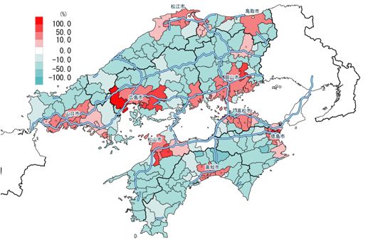 中国地方における過去３５年間（1970-2005年）の高速道路整備による人口変化率
